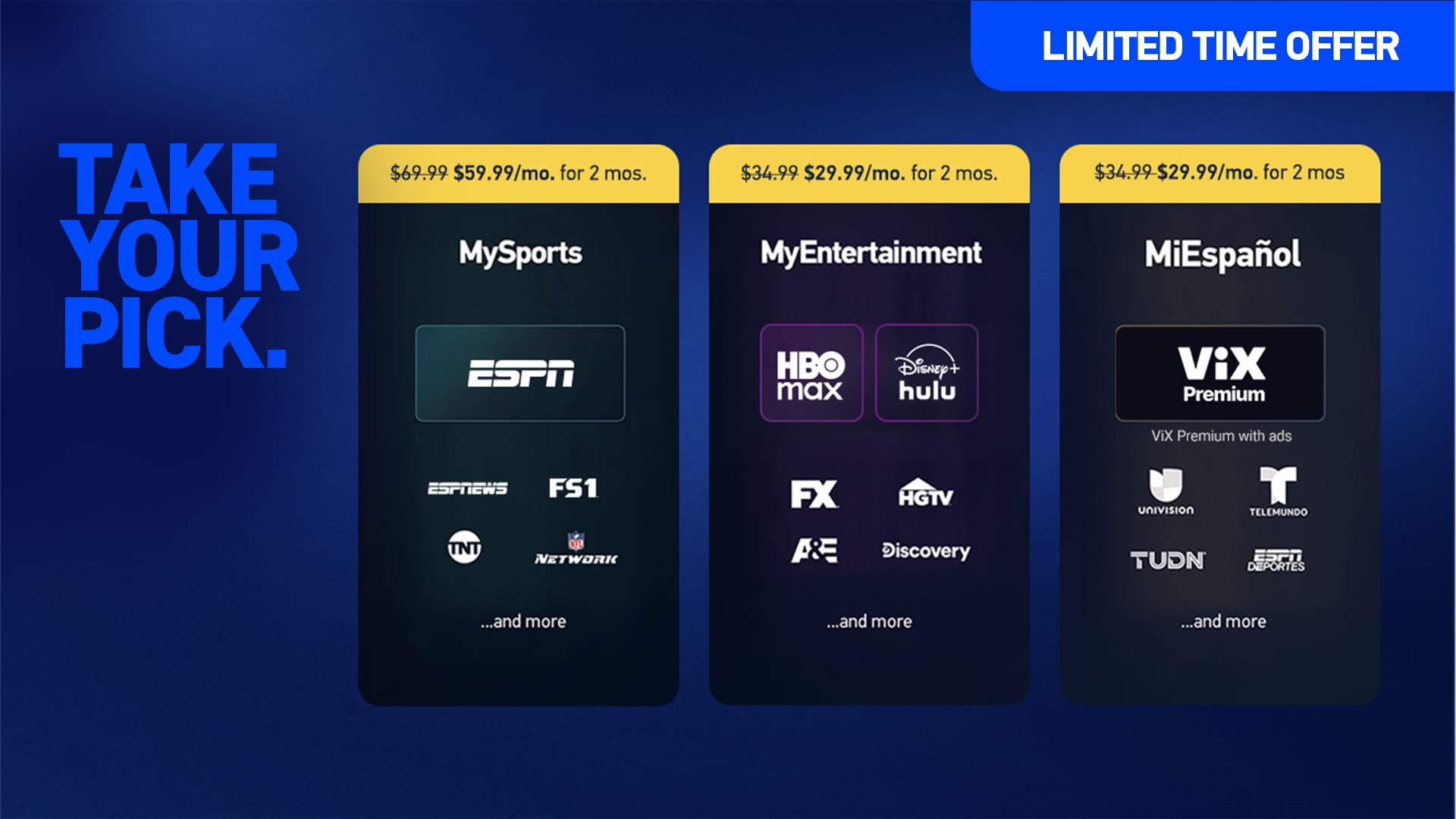 Offers for MySports, MyEntertainment, and MiEspañol Genre Packs.