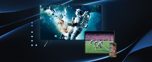 Showing TV with astronaut, tablet with football players, and mobile phone with lady in apron cutting vegetables.